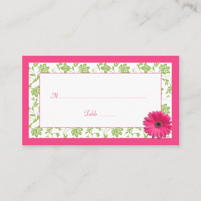 Pink Gerber Daisy Green Damask Hochzeitsfeiern Pla Platzkarte (Vorderseite)