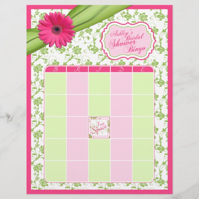 Pink Gerber Daisy Green Floral Brautparty Bingo (Vorderseite)