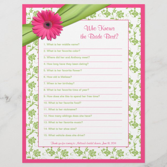 Pink Gerber Daisy Green Floral Brautparty Game (Vorderseite)