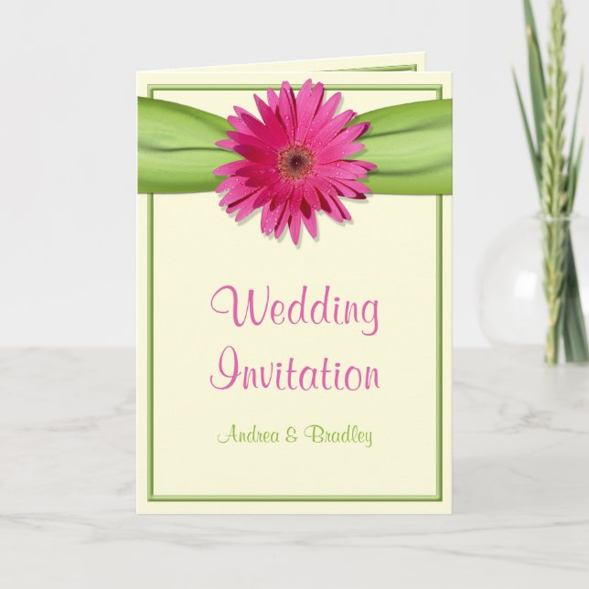 Pink Gerber Daisy Green Ribbon Wedding Einladung (Vorderseite)