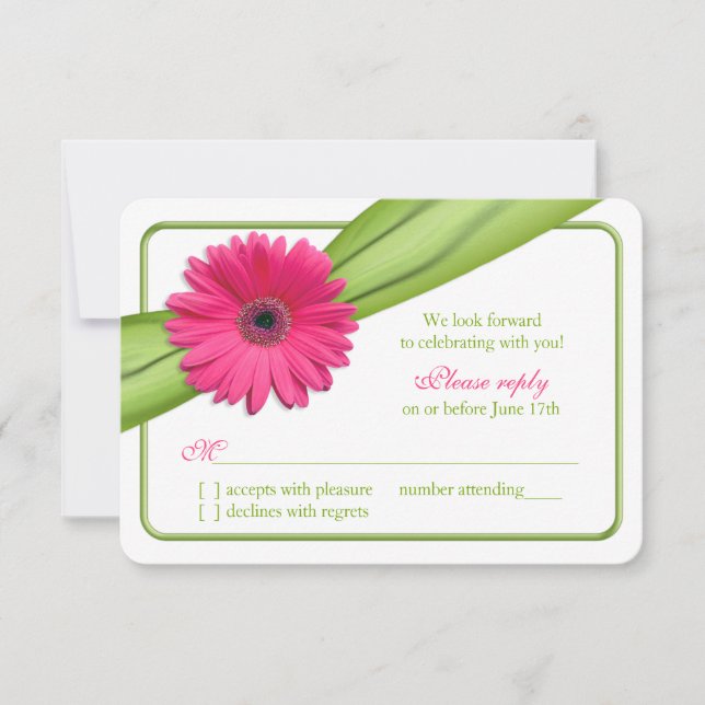 Pink Gerber Daisy Green Ribbon Wedding RSVP (Vorderseite)