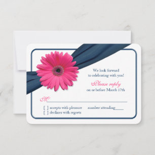 Pink Gerber Daisy Navy Blue Ribbon Wedding RSVP Karte