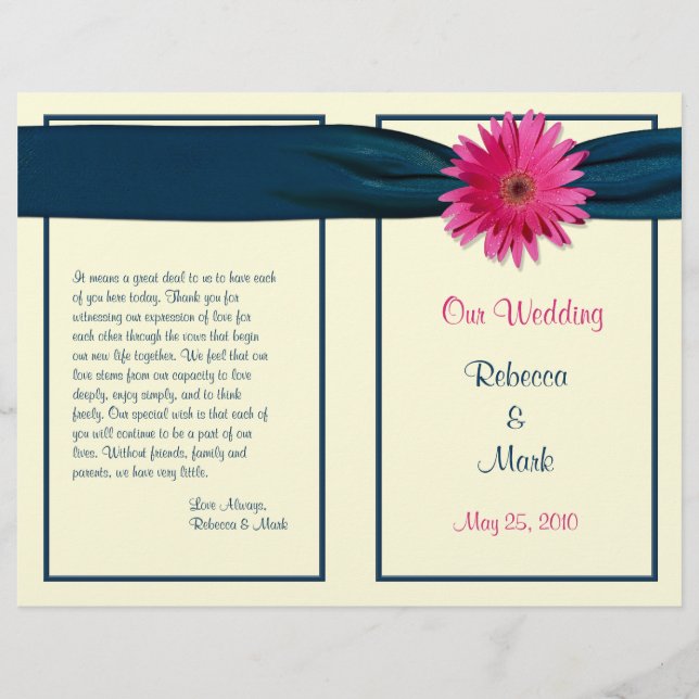 Pink Gerber Daisy Navy Ribbon Wedding Program (Vorderseite)