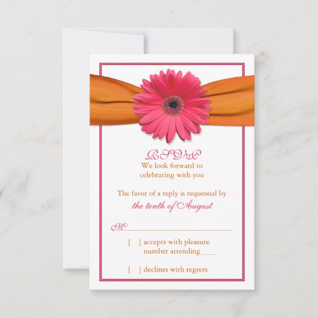 Pink Gerber Daisy Orange Ribbon Wedding RSVP Antwo Karte (Vorderseite)