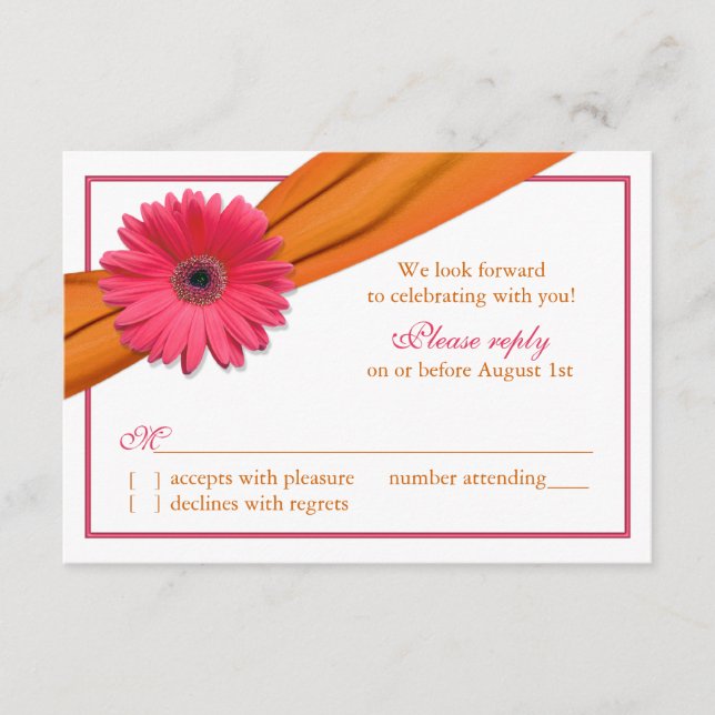 Pink Gerber Daisy Orange Ribbon Wedding RSVP Card (Vorderseite)