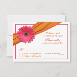 Pink Gerber Daisy Orange Ribbon Wedding RSVP Card