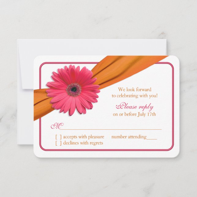 Pink Gerber Daisy Orange Ribbon Wedding RSVP Karte (Vorderseite)