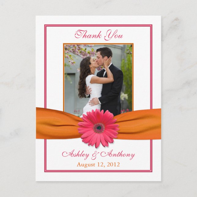 Pink Gerber Daisy Orange Ribbon Wedding Vielen Dan Postkarte (Vorderseite)