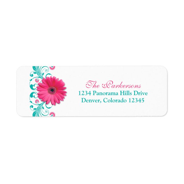 Pink Gerber Daisy Türkise Floral Wedding Address (Vorne)