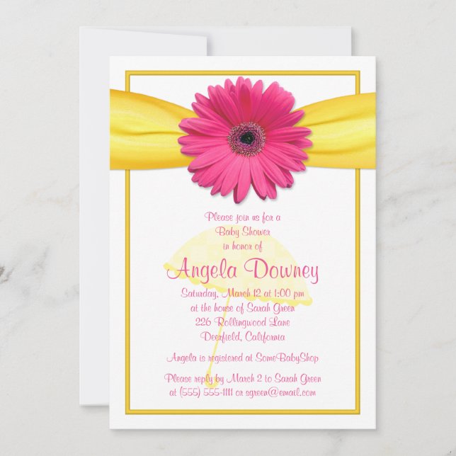 Pink Gerber Daisy Yellow Ribbon Baby Dusche einlad Einladung (Vorderseite)