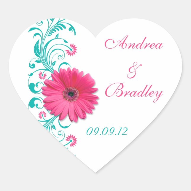 Pink Gerber Turquoise Floral Wedding Umschlag Aufk Herz-Aufkleber (Vorderseite)