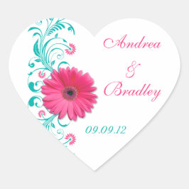Pink Gerber Turquoise Floral Wedding Umschlag Aufk Herz-Aufkleber