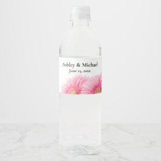 Pink Gerbera Daisies Elegante Hochzeit der Fotogra Wasserflaschenetikett