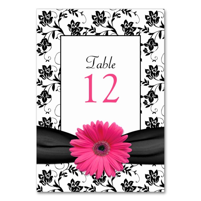 Pink Gerbera Daisy Black Damask Tischnummer Card (Vorderseite)