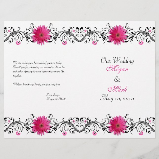 Pink Gerbera Daisy Black Floral Wedding Program (Vorderseite)