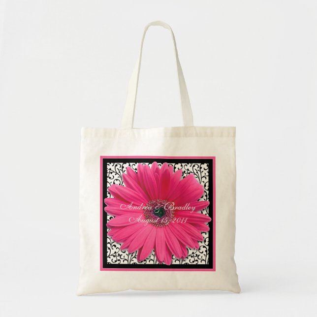 Pink Gerbera Daisy Black Wedding Welcome Bag Tragetasche (Vorne)