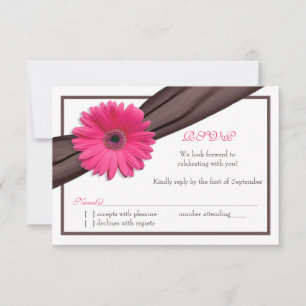 Pink Gerbera Daisy Brown Ribbon Wedding Repcard RSVP Karte