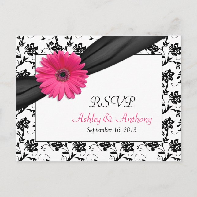 Pink Gerbera Daisy Damask Wedding UAWG Postcard Einladungspostkarte (Vorderseite)