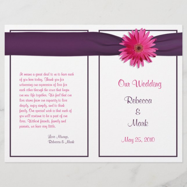 Pink Gerbera Daisy Eggplant Ribbon Wedding Program (Vorderseite)