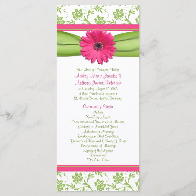 Pink Gerbera Daisy Green Floral Wedding Program Programm (Vorderseite)
