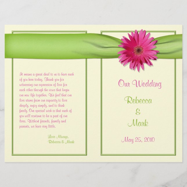 Pink Gerbera Daisy Green Ribbon Wedding Program (Vorderseite)