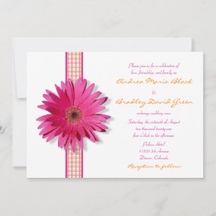 Pink Gerbera Daisy Kariert Ribbon Wedding Einladun Einladung