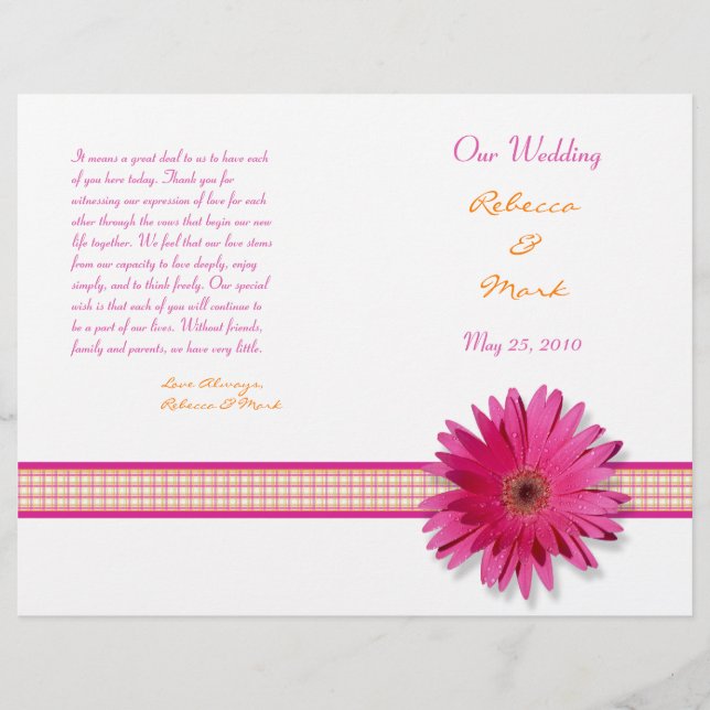 Pink Gerbera Daisy Kariert Ribbon Wedding Program (Vorderseite)