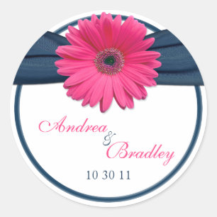Pink Gerbera Daisy Navy Blue Wedding Runder Aufkleber