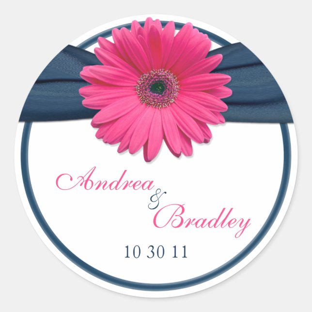 Pink Gerbera Daisy Navy Blue Wedding Runder Aufkleber (Vorderseite)