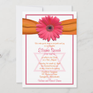Pink Gerbera Daisy Orange Ribbon Bat Mitzvah Einladung