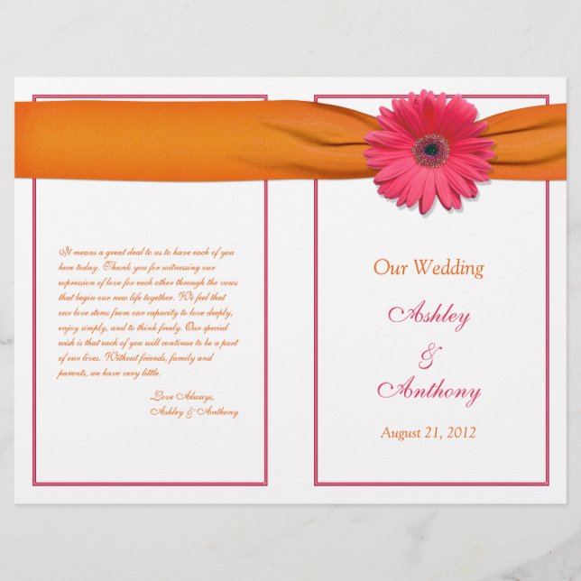 Pink Gerbera Daisy Orange Ribbon Wedding Program (Vorderseite)