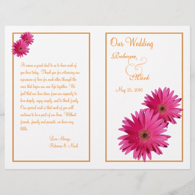Pink Gerbera Daisy Orange Wedding Program (Vorderseite)
