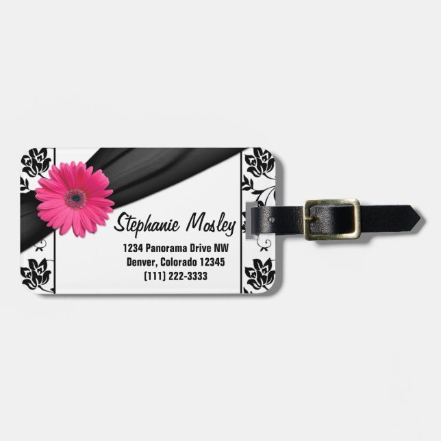 Pink Gerbera Daisy Schwarz-weiß Damask Floral Gepäckanhänger (Vorderseite horizontal)