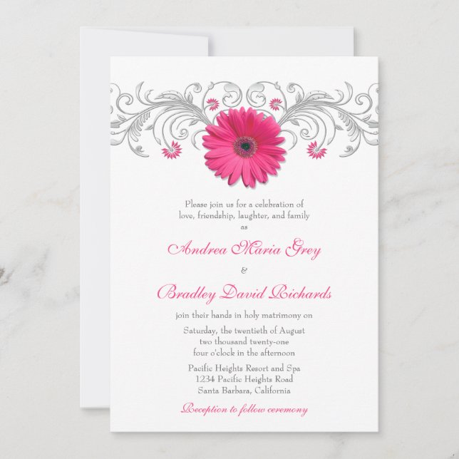 Pink Gerbera Daisy Silver Floral Wedding Einladung (Vorderseite)