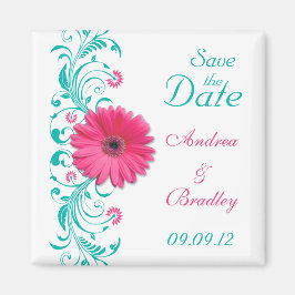 Pink Gerbera Daisy Türkis Floral Save the Date Magnet