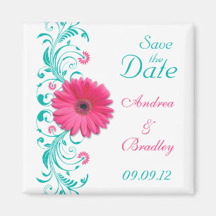 Pink Gerbera Daisy Türkis Floral Save the Date Magnet