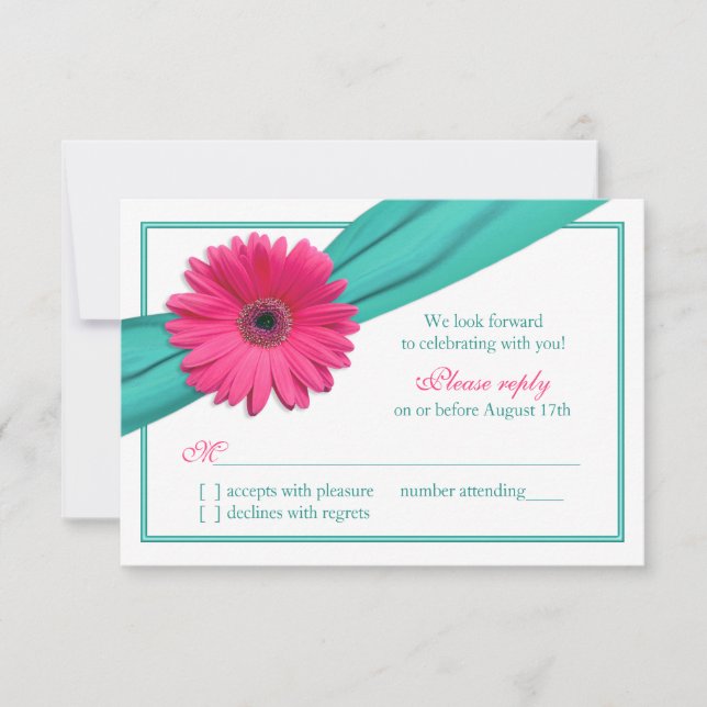 Pink Gerbera Daisy Türkis Ribbon Wedding RSVP (Vorderseite)