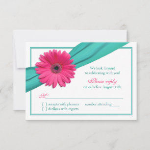 Pink Gerbera Daisy Türkis Ribbon Wedding RSVP