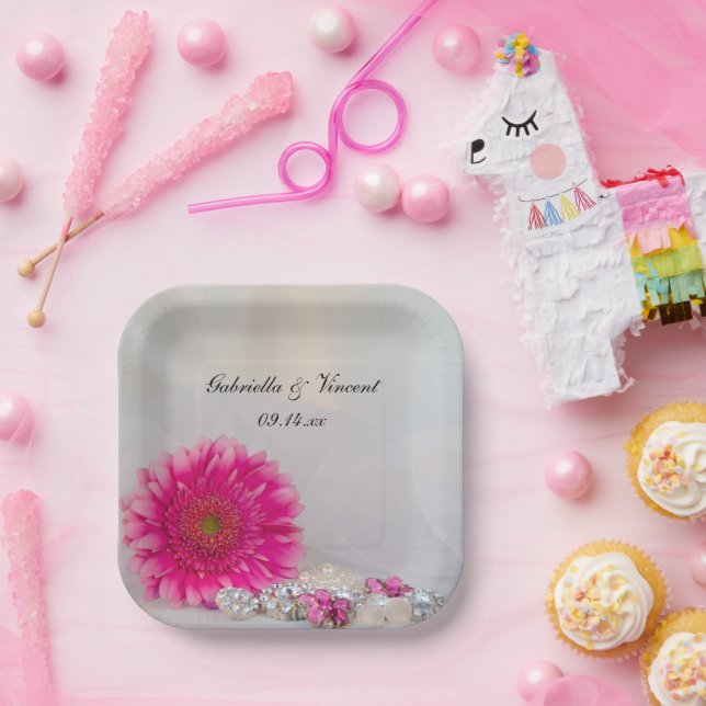 Pink Gerbera Daisy und Buttons Hochzeit Pappteller (Party)