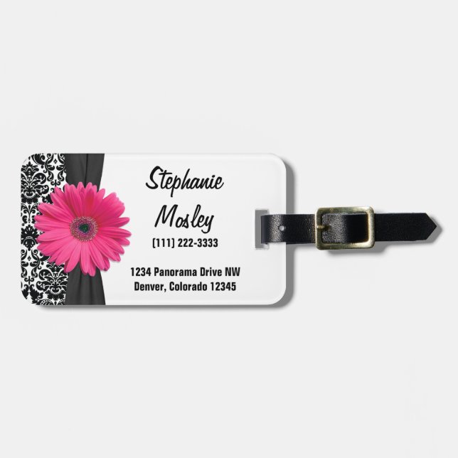 Pink Gerbera Daisy Vintag Damask Floral Gepäckanhänger (Vorderseite horizontal)