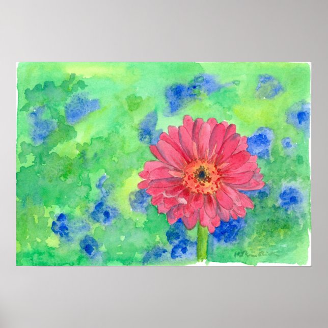 Pink Gerbera Daisy Watercolor Art Poster (Vorne)