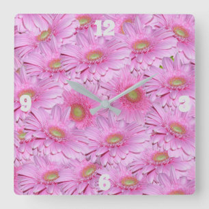 Pink Gerbera Flowers, Square Wall Clock Quadratische Wanduhr
