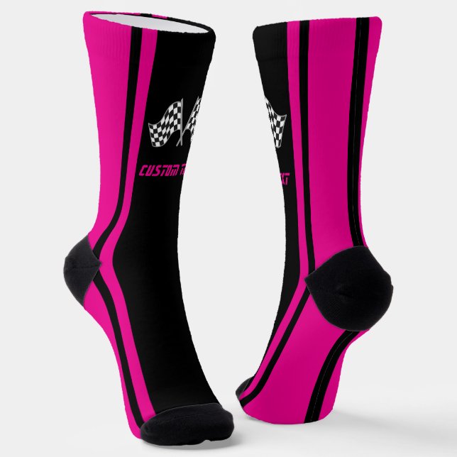 Pink gestreifte Rennwagenflaggen - Personalisiert Socken (Gewinkelt)