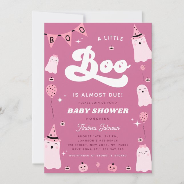 Pink Ghost & Groovy Little Boo Girl Babydusche Einladung (Vorderseite)