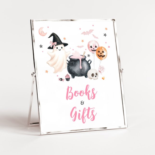 Pink Ghost Little Boo Bücher und Geschenke Schild (Girl Little Boo Baby Shower Books and Gifts Sign)