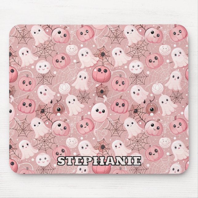 Pink Ghosts & Pumpkins Whimsisches Halloween Mousepad (Vorne)