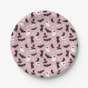 Pink Ghosts Skulls Ravens Cats Halloween Muster Pappteller