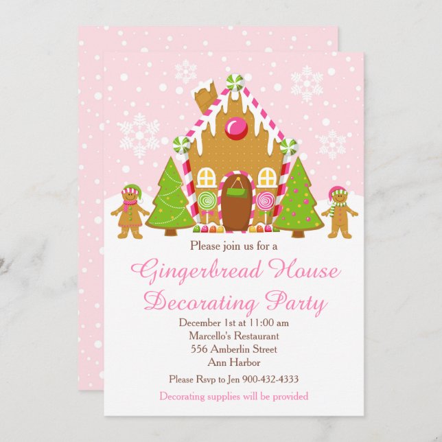 Pink Gingerbread Haus Dekorieren Weihnachtsfest Pa Einladung (Vorne/Hinten)