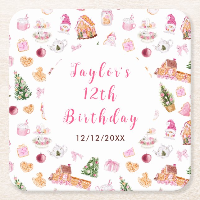 Pink Gingerbread House Birthday Party Rechteckiger Pappuntersetzer (Vorderseite)