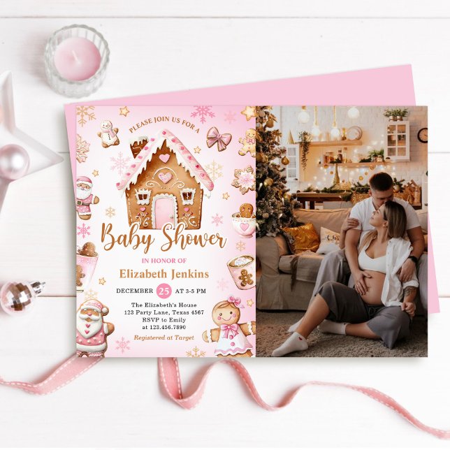 Pink Gingerbread House Christmas Baby Shower Photo Einladung (Von Creator hochgeladen)